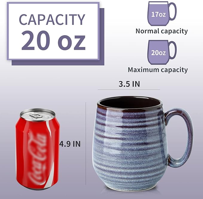 Hasense Large Coffee Mugs Set of 2, Ceramic 20 oz Coffee Cups for Office and Home, Modern Coffee Mug with Big Handle for Latte Coffee Tea Soup as Gifts, Dishwasher & Microwave Safe, Blue and Purple