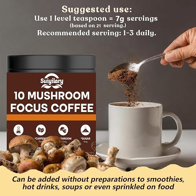 Mushroom Coffee with Focus, 10 Mushroom Extract Powder Blend Lion's Mane, Brain Supplements with Instant Coffee for Energy, Focus, Memory and Immunity 147g 21 Serving