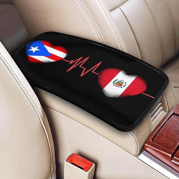 Auto Center Console Pad Puerto Rico Porto Rico Puerto Rican and Peru Peruvian Flag Be of one Mind Car Armrest Cover Armrest Seat Handrail Box Cover Cushion Universal Decoration Protector Accessories