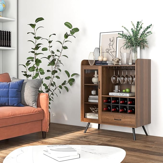 LOKO Farmhouse Coffee Bar Cabinet with Tempered Glass Door, 3-Row Glass Holder & 8-Grid Wine Rack, Buffet Sideboard with Wine Display, Rustic Brown