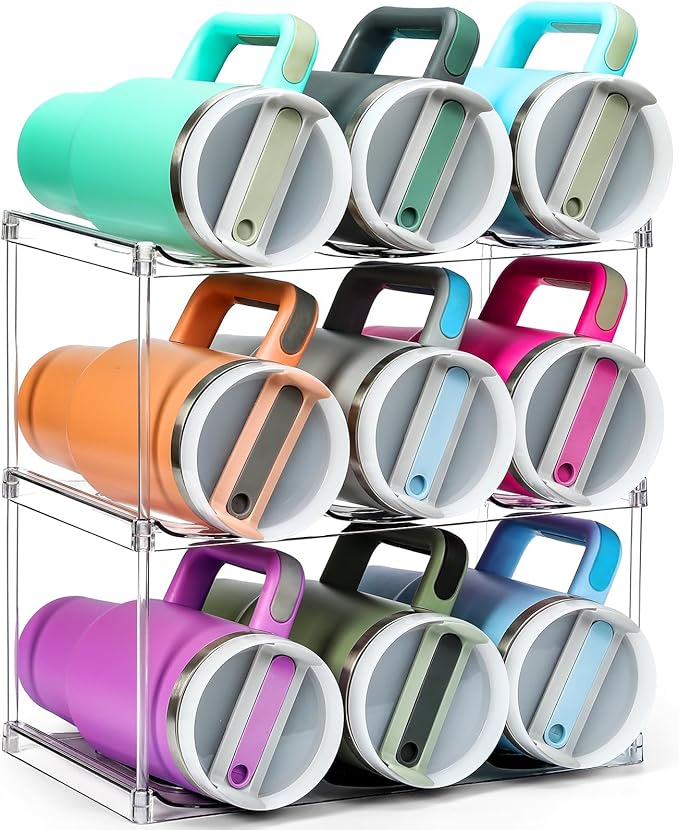 Design for Stanley 40 OZ & Large Bottles & Tumblers with Handle, Acrylic Water Bottle Organizer - Stackable Clear Wine Rack, Cup Holder for Home Kitchen Pantry Shelf Countertop Cabinet, 3 Tier Hold 9