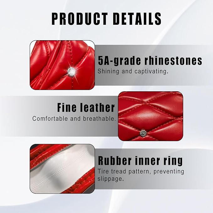Diamond Leather Steering Wheel Cover Women, Girly Bling Steering Wheel Cover, Sparkly Non-Slip Soft, 15 Inch Interior Accessories for Women Girls Vehicle, Red