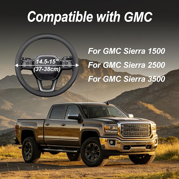 Steering Wheel Cover for GMC Sierra 1500 2500 3500, 14.5″-15″Truck Steering Wheel Cover with Non-Slip Breathable (Black)