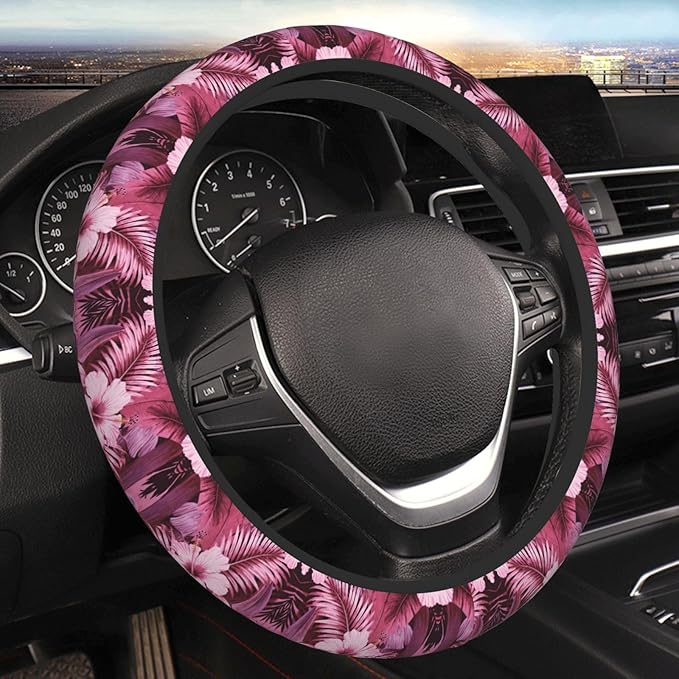 Hawaiian Tropical Flowers Car Steering Wheel Cover, 15 Inch Steering Wheel Cover Stylish Decor for Most Cars