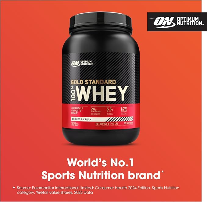 Optimum Nutrition Gold Standard 100% Whey Protein Powder, Cookies & Cream, 2 Pound (Packaging May Vary)