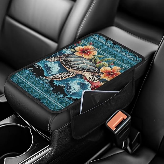 Boatee Turtle Flower Car Armrest Cushion Center Console Cover with 2 Pockets Console Mat Arm Rest Cover for Car Middle Console Organizer Universal Arm Rest Pad Stylish Interior Decor Blue