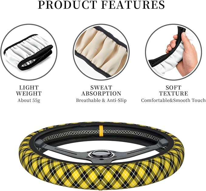 Thickened Elastic Steering Wheel Cover, Barclay Clan Tartan Yellow and Black Plaid Ultra, Soft, Breathable, Fit for Cars, SUVs, Trucks, Stylish Comfortable Grip