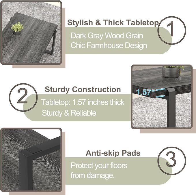 FOLUBAN Coffee Table, Modern Industrial Wood and Metal Center Table, Rectangle Cocktail Tea Table for Living Room, Dark Gray, 44 Inch