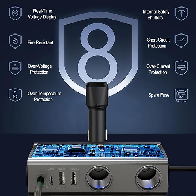 Socket Adapter with Retractable Type C Cable Car Phone Charging and USB/USB C MultiPort for Fast Charging Double Socket Adapter
