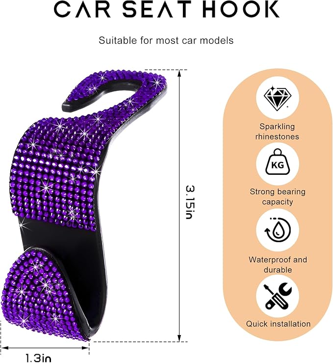 4 PCS Car Seat Headrest Hooks, Bling Rhinestone Purse Hook Vehicle Back Seat Hanger, Sparkling Crystal Headrest Hangers Storage Organizer for Grocery Bag Handbag Coats (Purple)