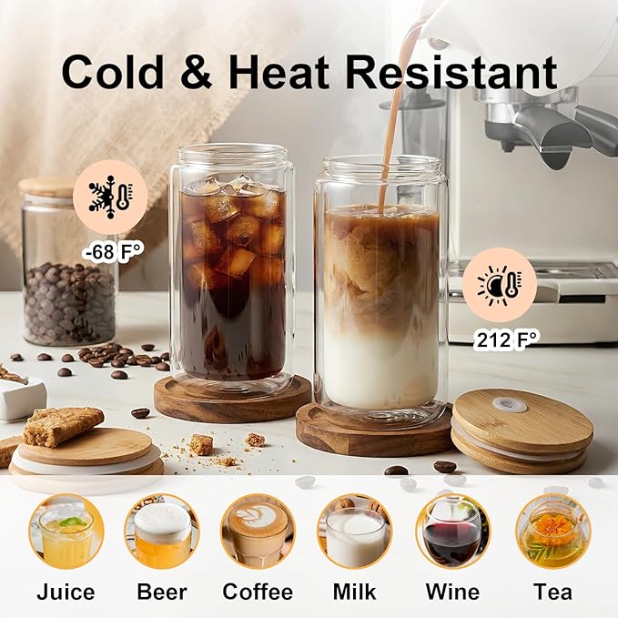 4 Pack Glass Cups with Lids and Straws 12 oz Double Wall Glass Tumbler Insulated Borosilicate Iced Glass Coffee Cups for Iced Coffee, Smoothies, Tea, Juice