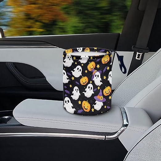 Cute Ghost Pumpkins Hanging Car Trash Bag Vehicle Trash Can with Adjustable Buttons Collapsible Multipurpose Auto Storage Bag Road Trip Essentials