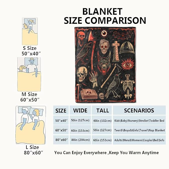 Vintage Gothic Horror Blanket,Creepy Goth Skeleton Skulls Bats Fun Throw Blankets,Gifts for Women Men, Lightweight Soft Fleece Cozy,for Couch Bed Room,Festival Halloween Decor,50x60in