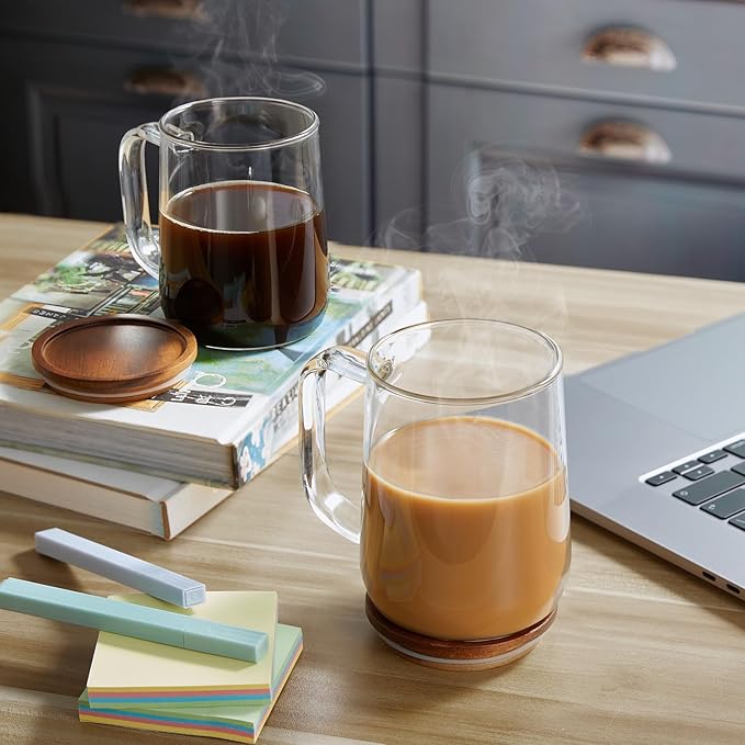 Glass Coffee Mugs, 20 oz Glass Coffee Cups with Acacia Wood Lids, Clear Borosilicate Glass Mugs with Handles for Cappuccino, Tea, Latte, Hot/Cold Beverages, Wine, Americano, Set of 2