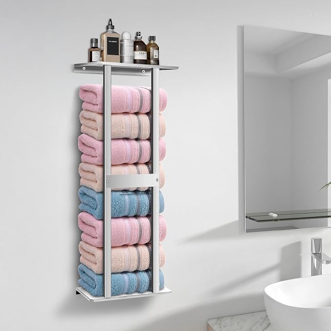 Bathroom Towel Storage Rack, Wall Mounted Bathroom Towel Rack, 30 inch Heavy Duty 6 Large Towels, Wall Mounted Towel Rack for Rolled Towels, Silver