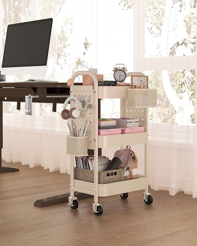 ALVOROG 3 Tier Rolling Cart with DIY Pegboards Metal Utility Cart with Wheels Handles Baskets Hooks, Craft Cart for Office Kitchen Bathroom(Khaki)