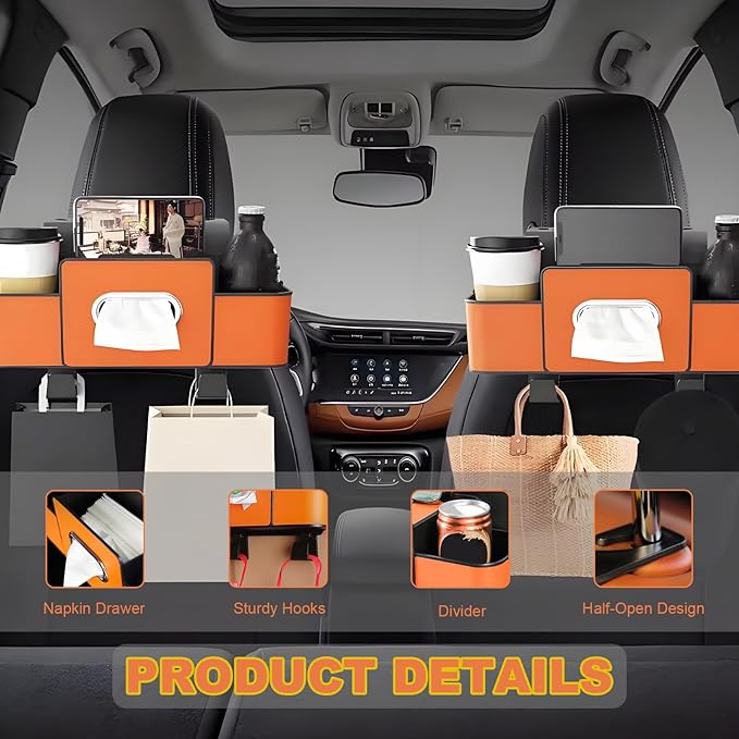 Car Back Seat Organizer, Multifunctional Car Seat Back Storage Box with 2 Cup Holders, Tissue Box for Hold Phones,Snacks, Drinks, Handbags (Black)