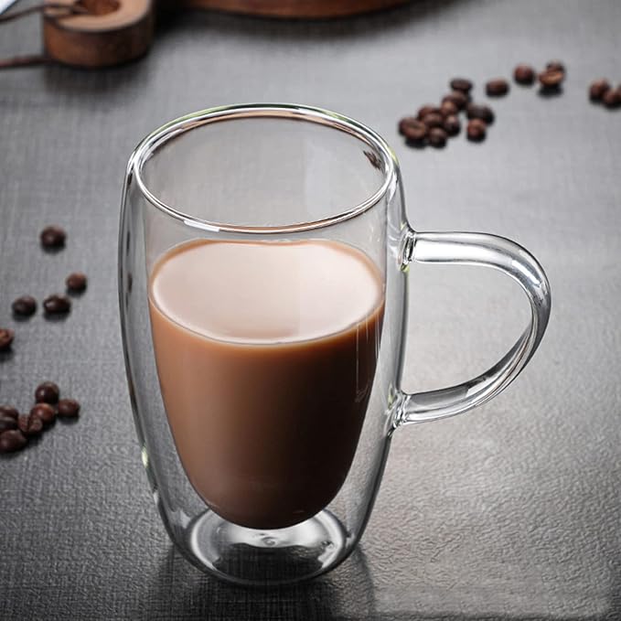 Double Wall Glass Coffee Mugs Set of 2, 15oz/440ml Insulated Glass Mugs with Handle for Hot Beverages, Large Clear Coffee Cups for Espresso, Tea, Latte, Cappuccino