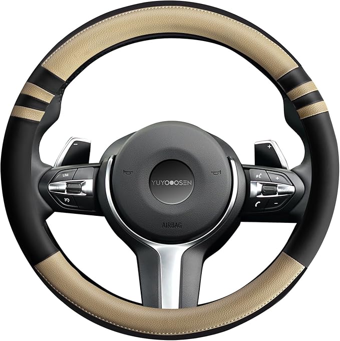 Sport Steering Wheel Cover for Cars – Premium Black & Beige NAPA Leather, Dynamic Stitching, Enhanced Grip, Comfortable Fit for 15 Inch Wheels, Easy to Install (Beige, M-15)