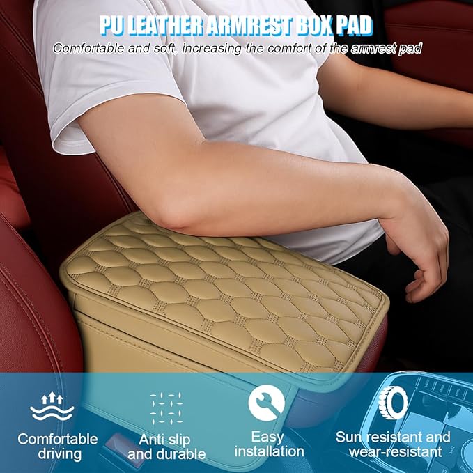 Car Center Console Cover, Leather Vehicle Armrest Cover Cushion with 2 Storage Bags, Automotive Interior Arm Rest Seat Box Pad Accessories, Universal for SUV Sedan Truck (Beige)