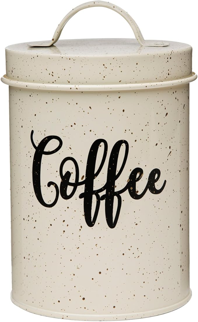 Amici Home Maddox Metal Coffee Canister | Dry Food Storage Container | Speckled Cream Canister for Kitchen Countertop | Storage Jar for Coffee with Handle | 44 Oz