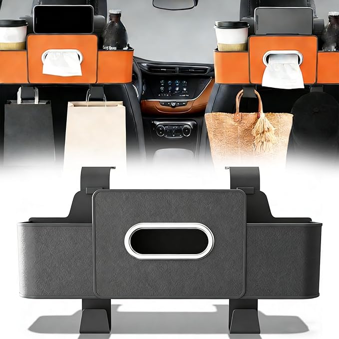 Car Organizers and Storage Box Behind Seat, 2026 New Car Headrest Organizer Back Seat with Drink Cup Holder Tissue Box for Hold Phone, Snacks, Drinks, Handbag (Black)