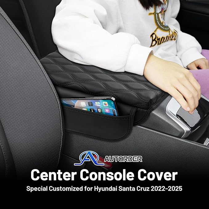 Autorder Center Console Cover for 2022-2025 2026 Hyundai Santa Cruz Accessories Armrest Cushion Cover Nappa Leather Middle Console Covers Anti-scratch Cushion Pad with Pockets Storage Bag