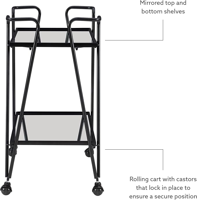 Gina Black Mid Century Bar Cart with Mirrored Shelves by Linon