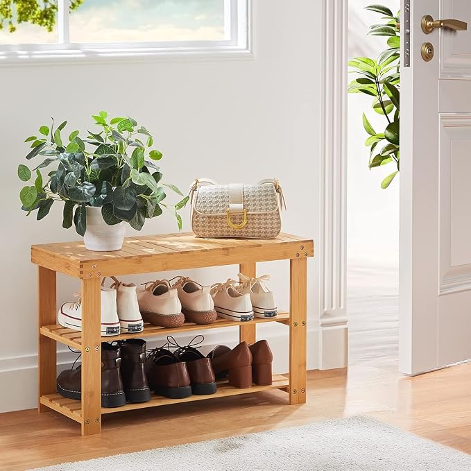 Pipishell 3 Tier Bamboo Shoe Rack Bench - Sturdy Shoe Organizer Holds up to 300lbs for Entryway, Bedroom, Living Room, Balcony