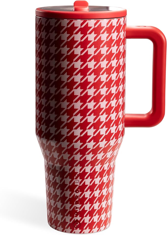 HydroJug Traveler - 40 oz Water Bottle with Handle & Flip Straw - Fits in Cup Holder, Leak Resistant Tumbler-Reusable Insulated Stainless Steel & Rubber Base - Gifts for Women & Men, Halle Houndstooth
