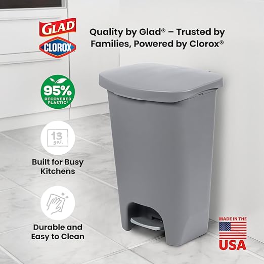 Glad 13 Gallon Trash Can with Clorox Odor Protection | Plastic Kitchen Waste Bin | Hands Free with Step On Foot Pedal and Garbage Bag Rings, Grey
