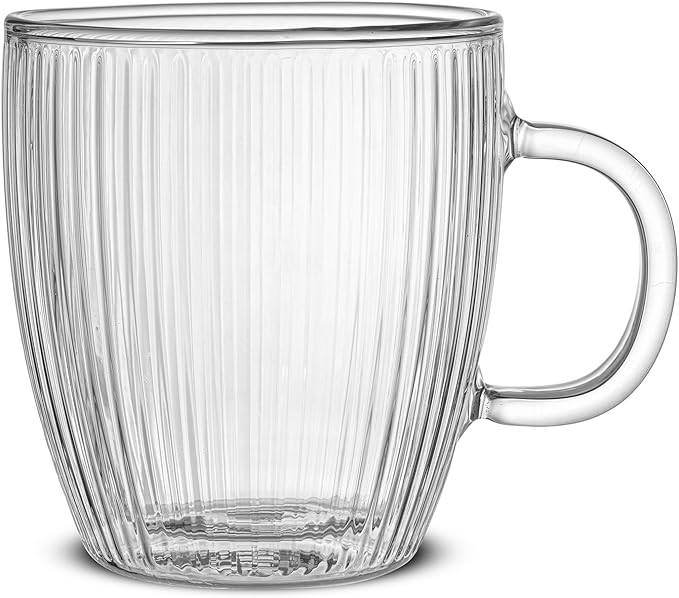 JoyJolt Fluted Glass Coffee Mugs, Double Wall 13.5oz Clear Glass Coffee Mug Set of 2. Latte Glasses, Glass Cappuccino Mugs, Ribbed Mugs