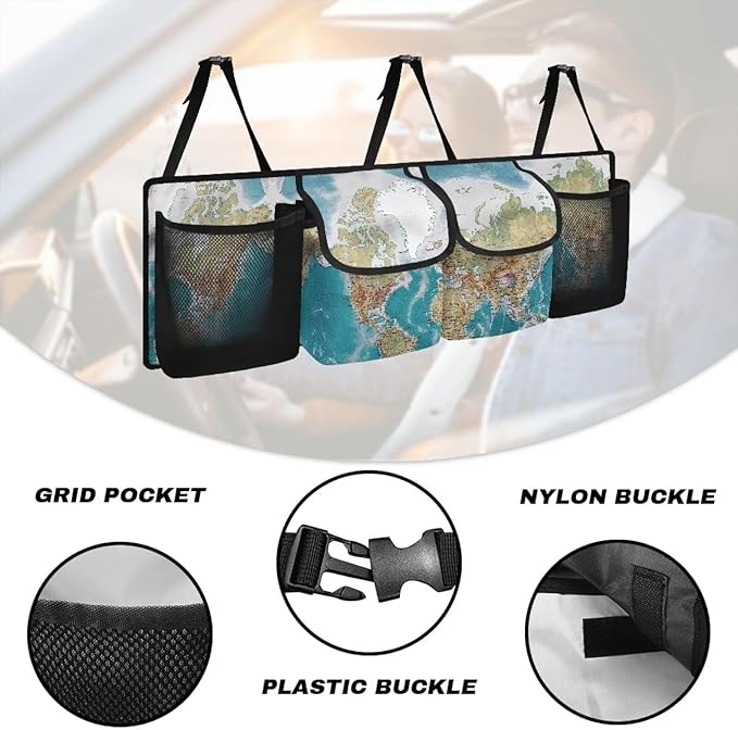 World Map Car Trunk Organizer Backseat Hanging Organizer with Pockets, Super Capacity Storage Solution Decoration for SUVs, Trucks, Vans, and Cars