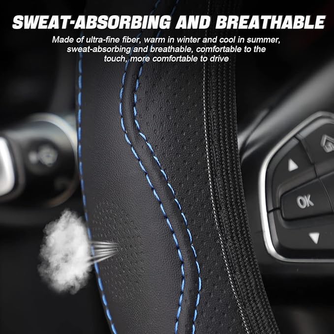 LoyaForba Car Steering Wheel Cover, Non-Slip Microfiber Leather Steering Wheel Cover, Breathable Vehicle Soft Handle Protector, Universal Automotive Interior Accessories for Women Men Girls (Blue)