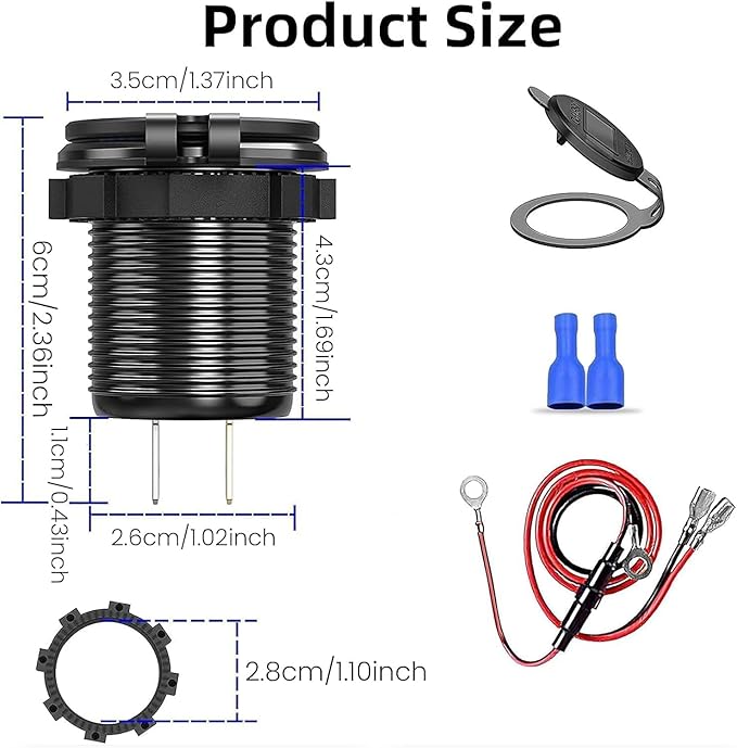 12V USB Car Socket, 3-Port Marine Aluminum USB Quick Charge Waterproof Cigarette Round USB C 12V Outlet for Car Golf Cart Boat Marine Bus Truck RV Marine Motorcycle etc(2PD+1QC(1Pack))