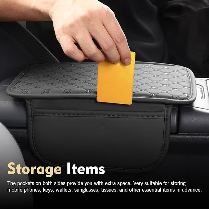 Car Center Console Cover, Leather Waterproof Armrest Cover Protector with 2 Side Storage Bags, 7.87" x 11.8" Comfort Anti-Slip Armrest Seat Box Pad, Universal for Most Cars (Black)