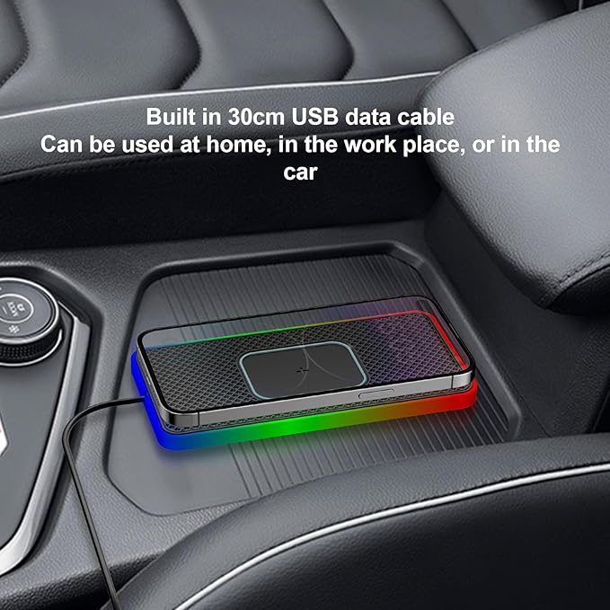 RGB Wireless Car Charging Pad 20W, Magnetic Fast Charging Mat, Non Slip, 30cm USB Cable for Android Smart Phone, Car