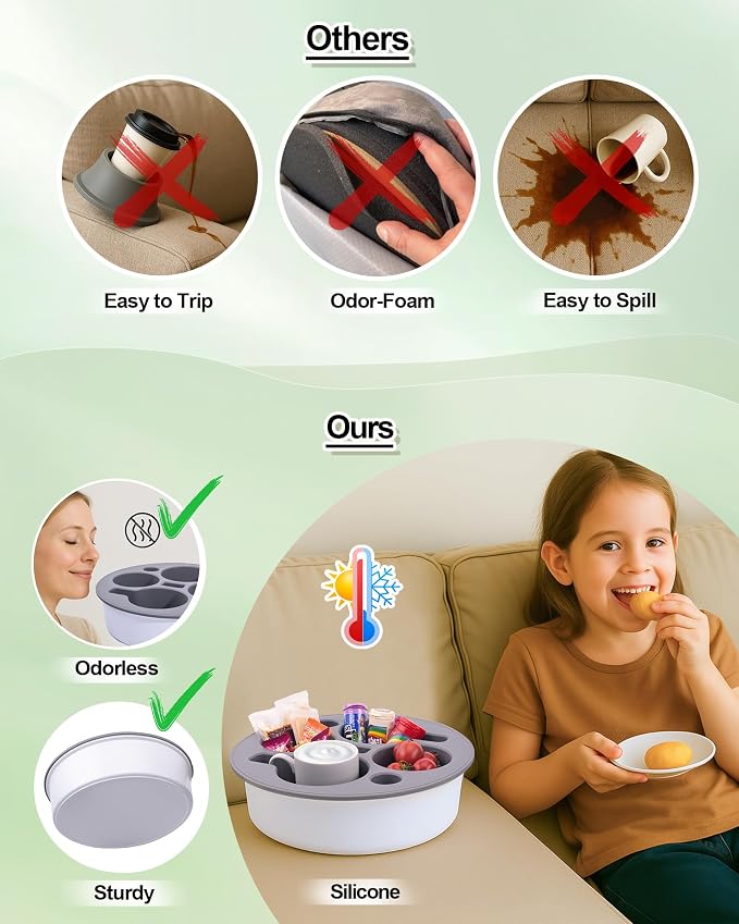 Couch Cup Holder Tray Round, 4-Cups Bedside Drink Holder for Elderly/Pregnancy, Stable Non-Spill Silicone Couch Caddy for Remote Control, Glasses‌, Snacks, Phones‌ (Black-White)