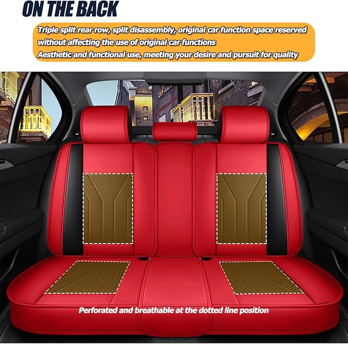 Car Seat Covers Full Set 3D Foam Back Support, 5 Seats Universal Fit for Most Cars, Nappa Leather Car Seat Cushion Super Breathable, Storage Bags, All Season, Black Red Car Seat Cover