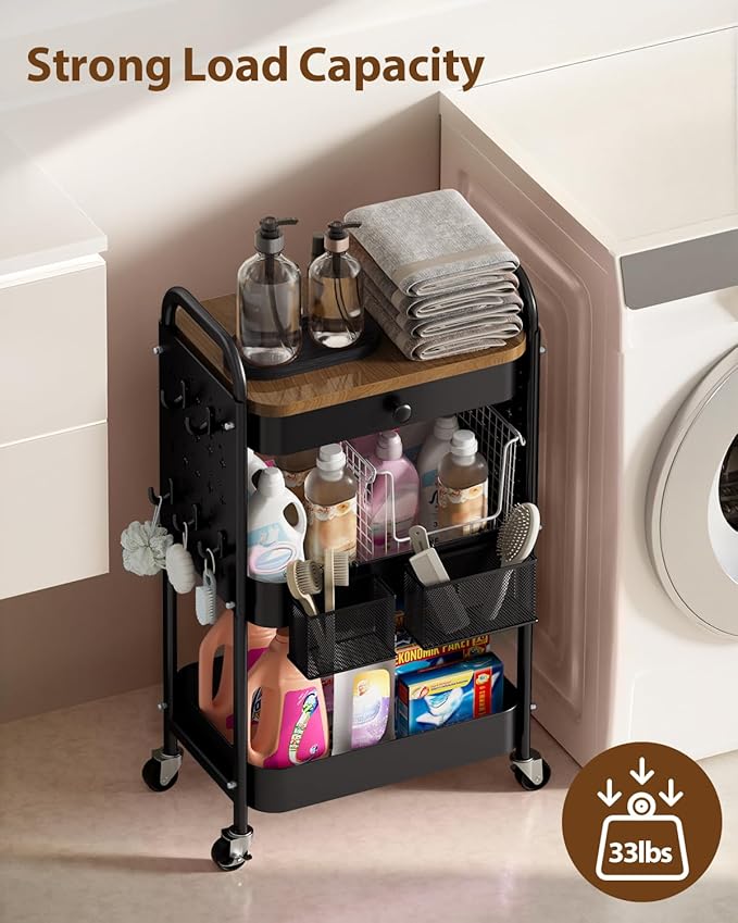 ALVOROG Rolling Cart with Drawer and Wood Table Top, 3 Tier Metal Rolling Utility Cart on Wheels with DIY Pegboards, Hanging Baskets, Hooks for Bedroom,Office,Craft Supplies (Black)