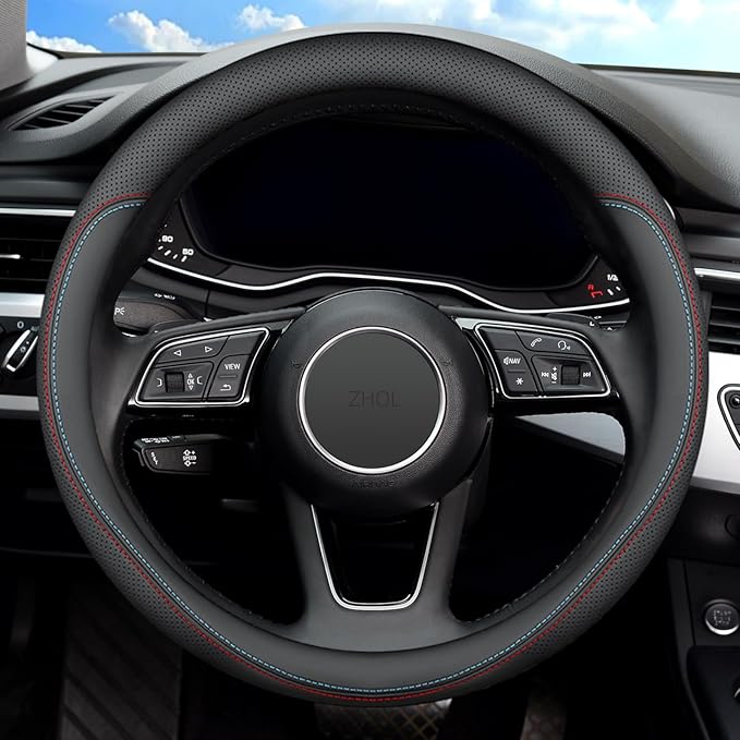 Nappa Premium Leather Steering Wheel Cover, Non-Slip, Breathable, Universal 14.5-15 inch Car Steering Wheel Protector for Women Men, Anti-Slip, Black