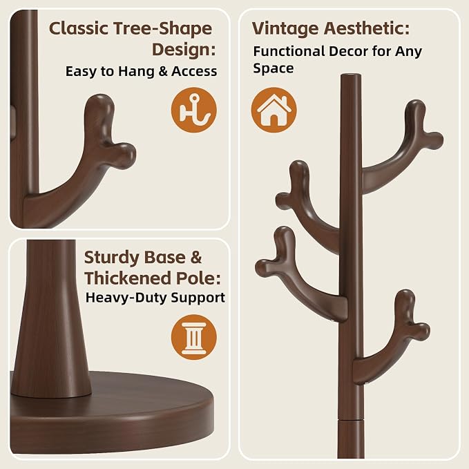 Uniclinens Coat Rack Freestanding Solid Wood Coat Tree Standing with 4 Hooks, Coat Rack Stand Creative Tree Branch-look (Dark Walnut)