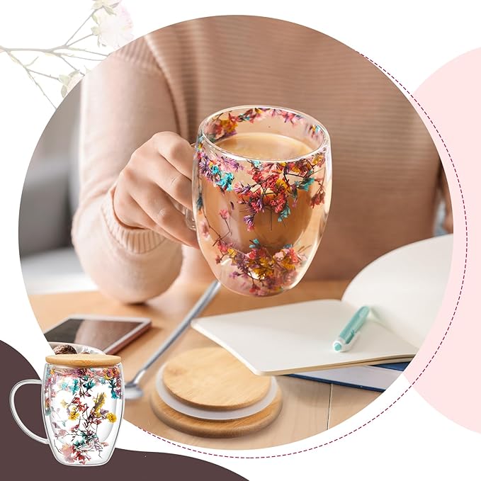 Rtteri 11.8 oz Double Wall Glass Coffee Mug with Bamboo Lid and Spoon Clear Flower Insulated Coffee Mugs with Handle Double Glass Cup Tea Cup for Cappuccino Latte Beverage