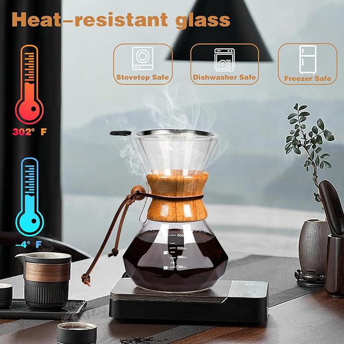 Pour Over Coffee Maker with Reusable Stainless Steel Drip Filter, Lead-Free Borosilicate Glass Coffee Carafe with Modern Wooden Collar for 1-2Cup, Diamond Clear (400ml/13.5oz)