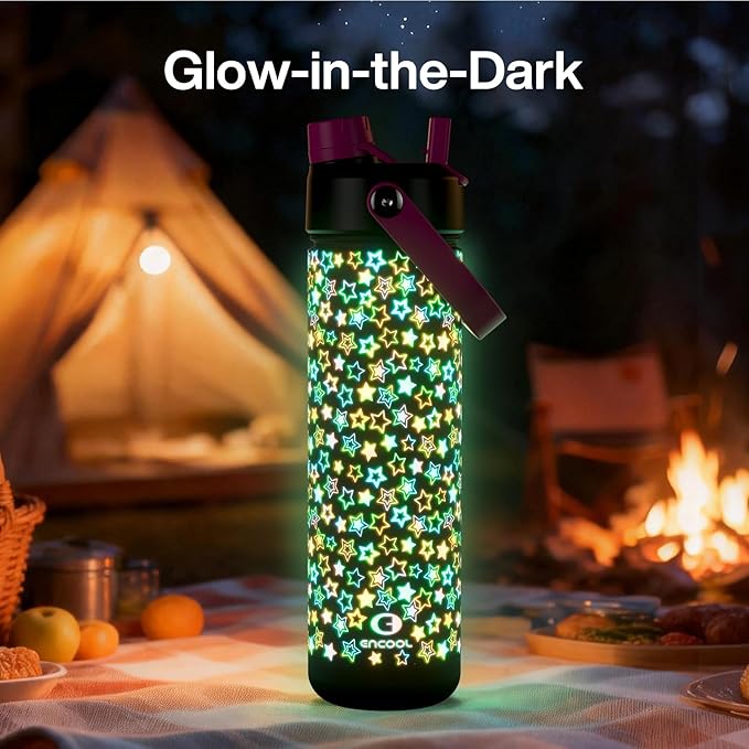 ENCOOL Insulated Water Bottle with Straw Stainless Steel Water Bottle, Glow in the Dark, Leak-Proof, BPA-Free, Keeps Cold for 24 Hours for Sports, Travel, School (26 oz, Neon Starfall)