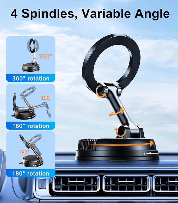 Magnetic Car Phone Holder Compatible with Magsafe, 360 Rotatable Vacuum Suction Cup Car Mount Dashboard, Magnet Cell Phone Holders for Your Car Fit for iPhone 16 Pro Max 16 Pro 16 15 14 13 12