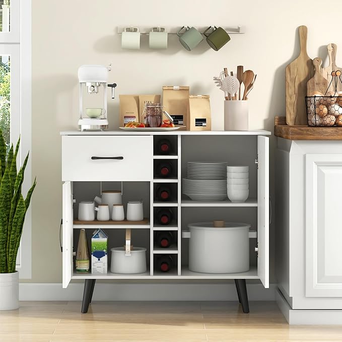 Buffet Cabinet with Storage, Liquor Cabinet w/ 6-Bottle Wine Rack, 1 Drawer & 2 Doors, Wood Buffets & Sideboards, Farmhouse Coffee Bar Table for Kitchen, Dining Living Room, Entryway (White)