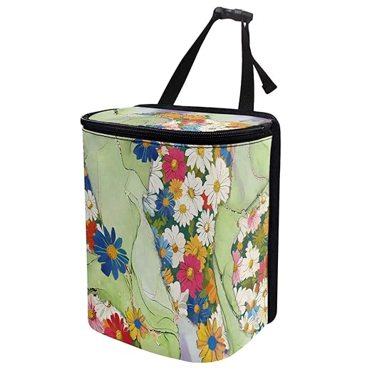Hippie Flower Green Marble Car Trash Can Bin with Lid,Colorful Groovy Flower Hanging Automotive Garbage Cans Portable Waste Basket Automotive Interior Organizer Accessory