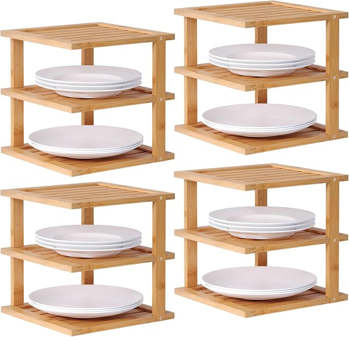 4 Pack Bamboo Corner Shelf,3 Tier Kitchen Cabinet Organizer for Plates and Dishes,Pantry Storage and Spice Rack（Natural）