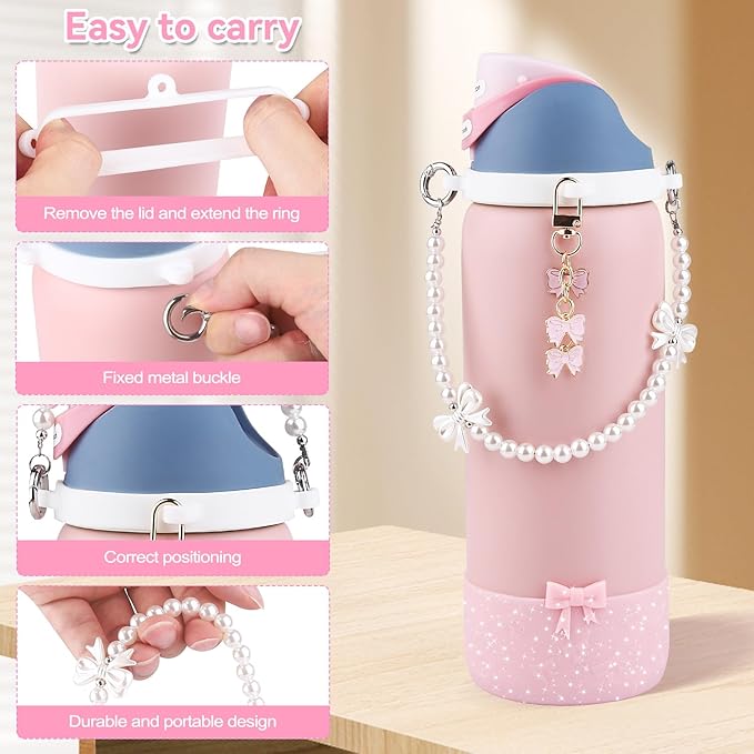 Water Bottle Accessories Set for Owala FreeSip 24oz、32 oz– Includes Pearl Handle Strap, Bow Charms,2.9in .3inch Silicone Bling Boot for Owala Accessories for Women